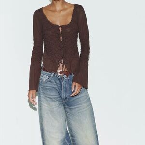 Zara Chocolate Brown Lace-Up Blouse